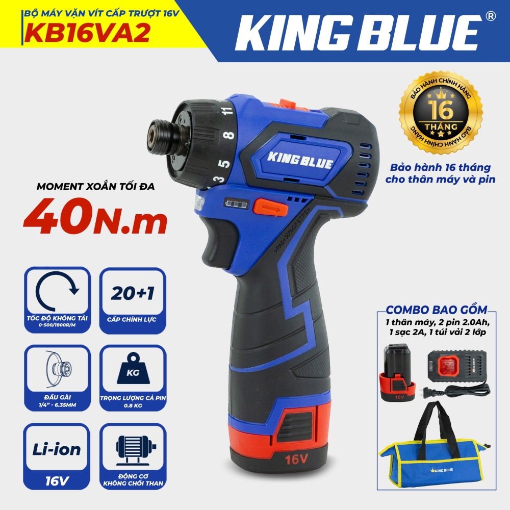 Máy Vặn Vít Pin 16V KING BLUE KB16VA2 Không Chổi Than Lực Xiết 40NM 2 Pin 2.0AH Kèm Sạc