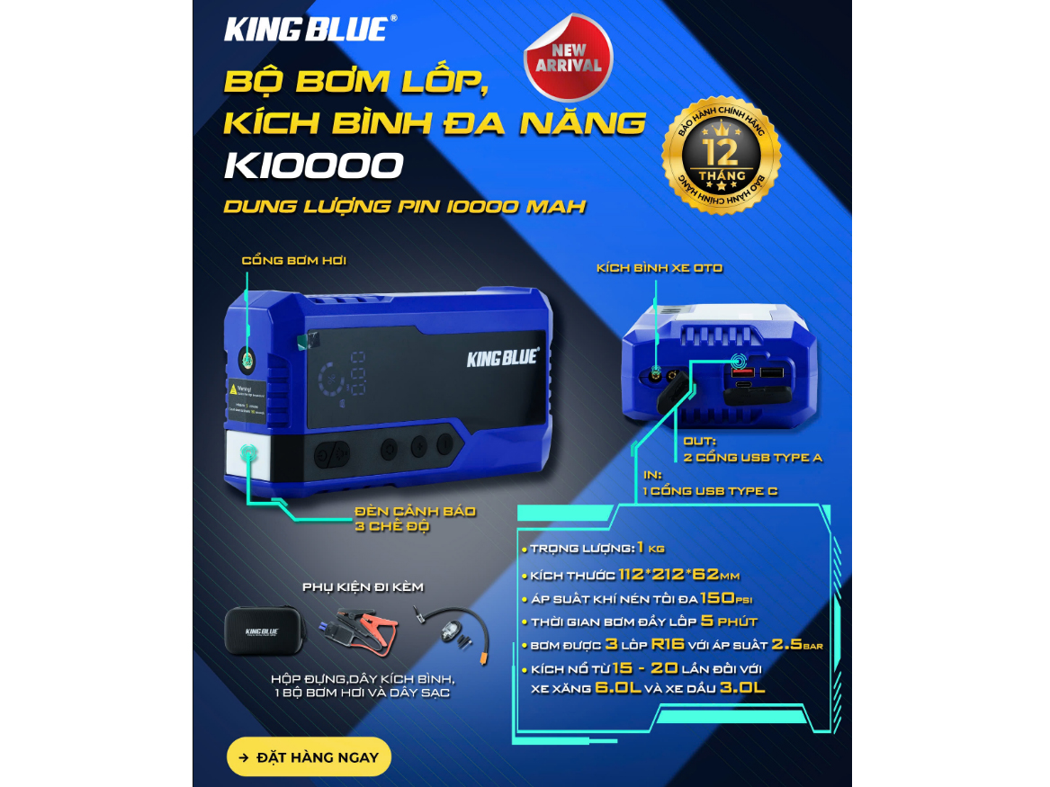 Máy Bơm Lốp Ô Tô Xe Máy Kiêm Kích Bình 4IN1 KING BLUE K10000 PIN 10000MAH Bơm 150PSI Sạc Dự Phòng