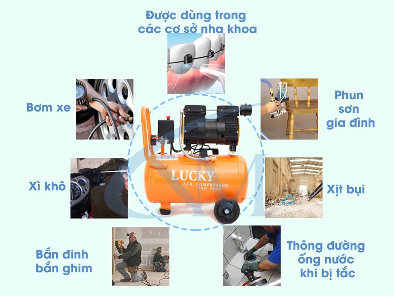 Máy Nén Khí Lucky K24L Không Dầu 24L Siêu Êm Máy Bơm Hơi Khí Nén Sạch 8Kg