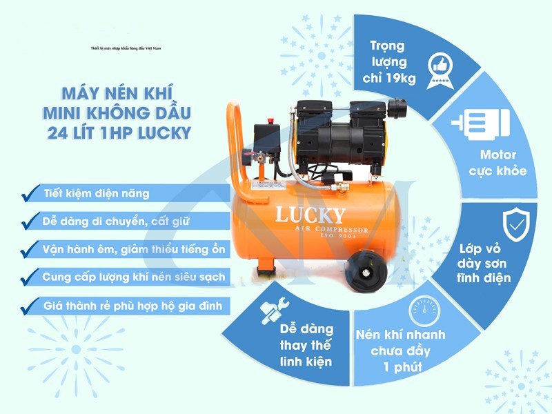 Máy Nén Khí Lucky K24L Không Dầu 24L Siêu Êm Máy Bơm Hơi Khí Nén Sạch 8Kg