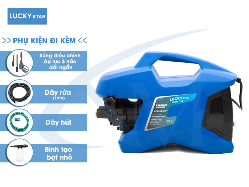 MÁY RỬA XE MINI LUCKY APW –HO-70P 1400W-220V ÁP LỰC 70 ĐẾN 105 BAR LƯU LƯỢNG 6 L/P NHỎ GỌN TIỆN LỢI CHO VIỆC VỆ SINH NHÀ CỬA SÂN VƯỜN XE CỘ PHÙ HỢP CHO GIA ĐÌNH