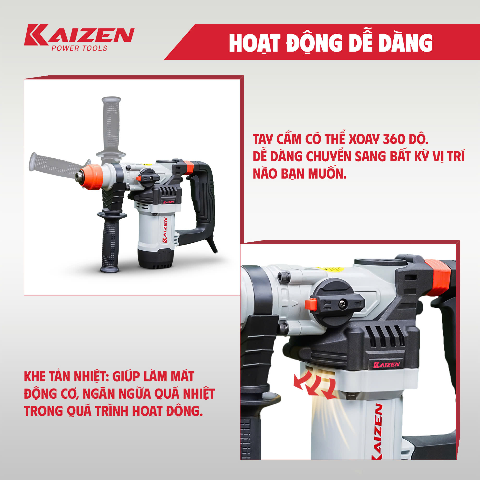 Máy Khoan Búa 2 Chức Năng KAIZEN KZ-RH30CT 1100W Khoan Đục Bê Tông SDS Plus 6-14mm