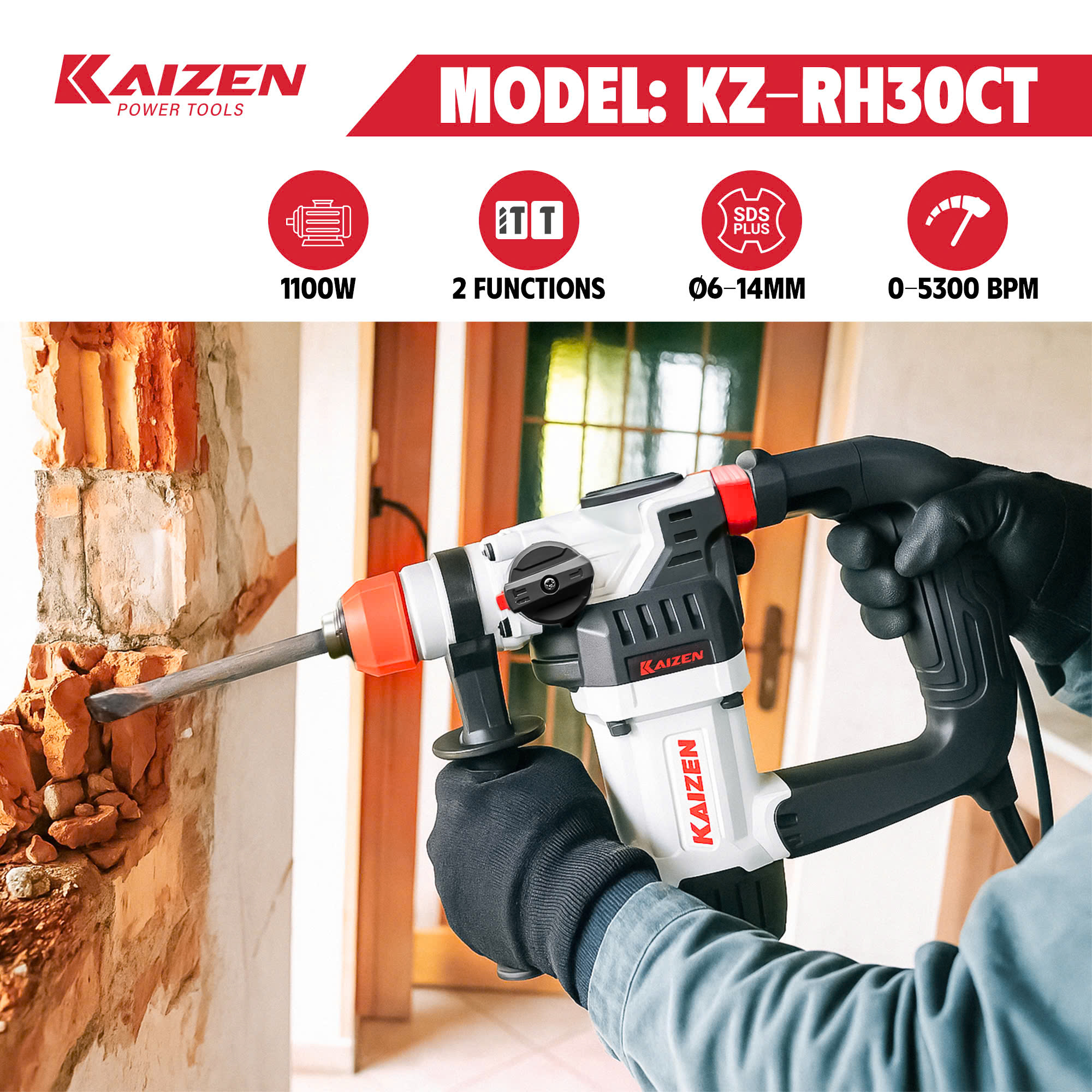 Máy Khoan Búa 2 Chức Năng KAIZEN KZ-RH30CT 1100W Khoan Đục Bê Tông SDS Plus 6-14mm