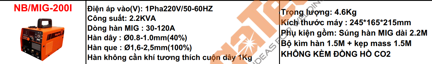 MÁY HÀN KHÔNG DÙNG KHÍ MEGATEC MIG-200 INVERTER 2.2KVA MIG120A