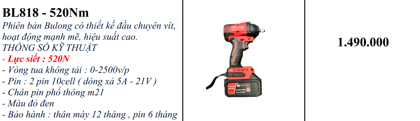 MÁY SIẾT BULONG HATSU HS-818 CHẠY PIN 21V CHÂN PIN PHỔ THÔNG KÈM 2 PIN 4000MAH DÒNG XẢ 5.0AH ĐỘNG CƠ KHÔNG CHỔI THAN  LỰC SIẾT TỐI ĐA 5200N.M TỐC ĐỘ KHÔNG TẢI 2890V/P LỰC ĐẬP 3310L/P ĐẦU BU LÔNG 2 TRONG 1