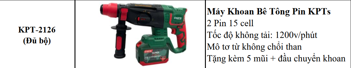 MÁY KHOAN PIN BÊ TÔNG KPTs KPT-T2126 3.0J 5.500V/P MÔ TƠ KHÔNG CHỔI THAN