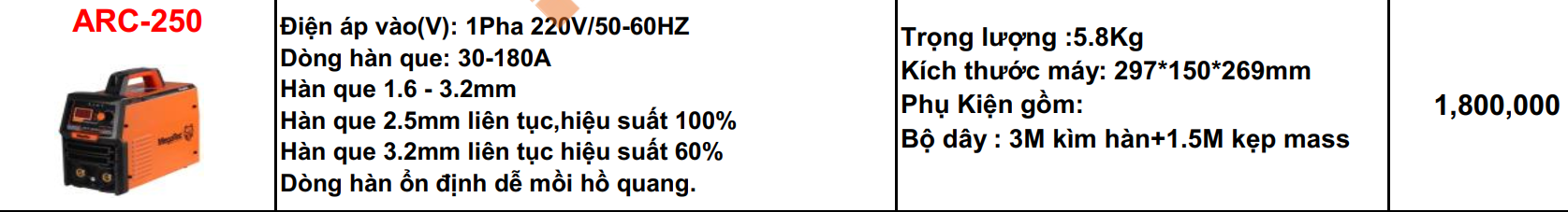 MÁY HÀN QUE MEGATEC ARC-250 INVERTER 220V/180A MMA