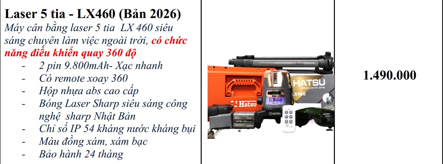 MÁY CÂN BẰNG LASER 5 TIA XANH HATSU HS LX-460 CÓ ĐIỀU KHIỂN QUAY 360° KÈM CHÂN