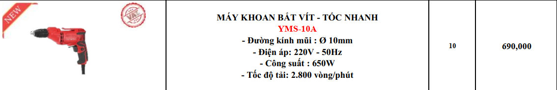 MÁY KHOAN BẮT VÍT YMS-10A TỐC NHANH 650w 2800V/P 10MM