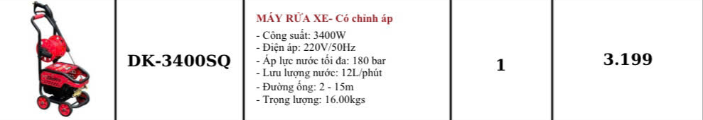 MÁY XỊT RỬA XE CAO ÁP CÓ CHỈNH ÁP CÓ ÁT CHỐNG GIẬT DDEKO DK-3400SQ 3400W 180BAR 12L