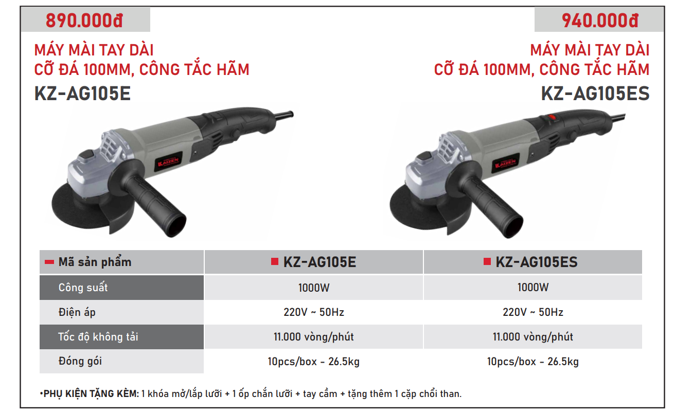 Máy Mài Góc 100mm KAIZEN KZ-AG105ES 1000W Công Tắc Hãm Điều Tốc 6 Cấp 11000rpm