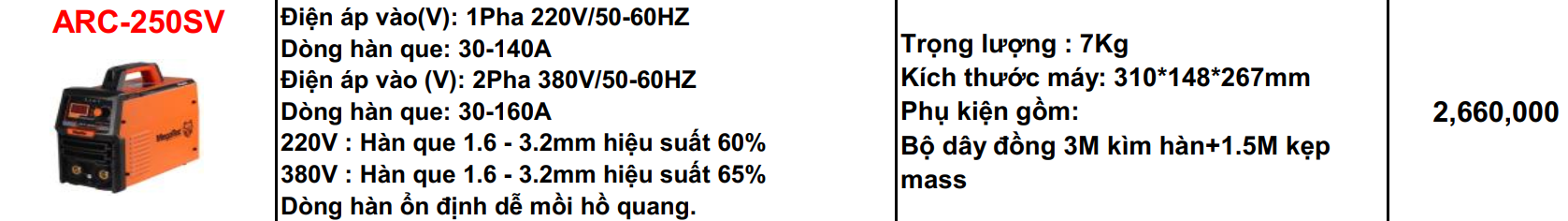 MÁY HÀN QUE MEGATEC ARC-250SV INVERTER 220V/140A 380V/160A MMA