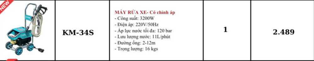 MÁY XỊT RỬA XE CAO ÁP CÓ CHỈNH ÁP CÓ ÁT CHỐNG GIẬT KM-34S KOMI XE ĐẨY ÁP LỰC NƯỚC 120BAR LƯU LƯỢNG 11L/PHÚT 3200W
