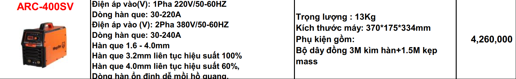MÁY HÀN QUE MEGATEC ARC-400SV INVERTER 220V/220A 380V/240A MMA