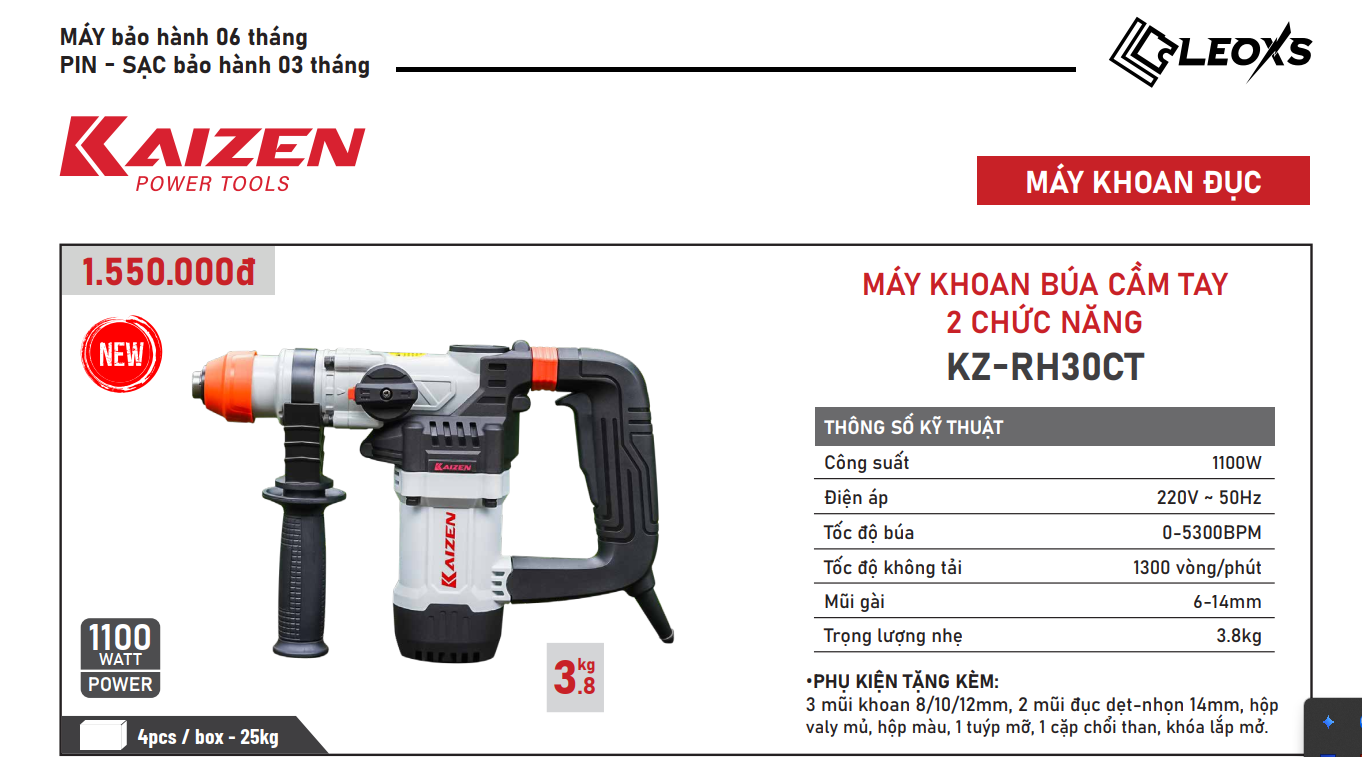 Máy Khoan Búa 2 Chức Năng KAIZEN KZ-RH30CT 1100W Khoan Đục Bê Tông SDS Plus 6-14mm