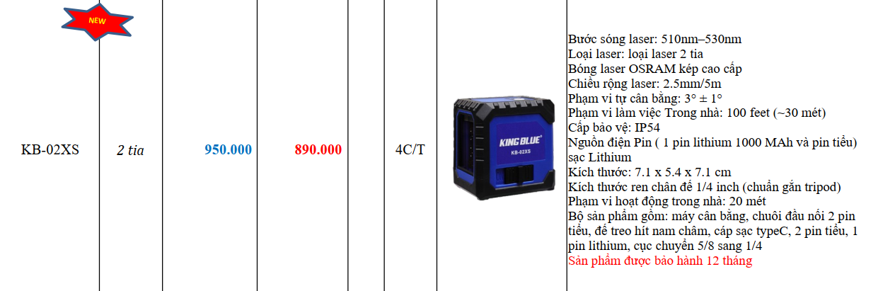 MÁY CÂN BẰNG 2 TIA XANH KING BLUE KB-02XS LASER OSRAM BÓNG KÉP