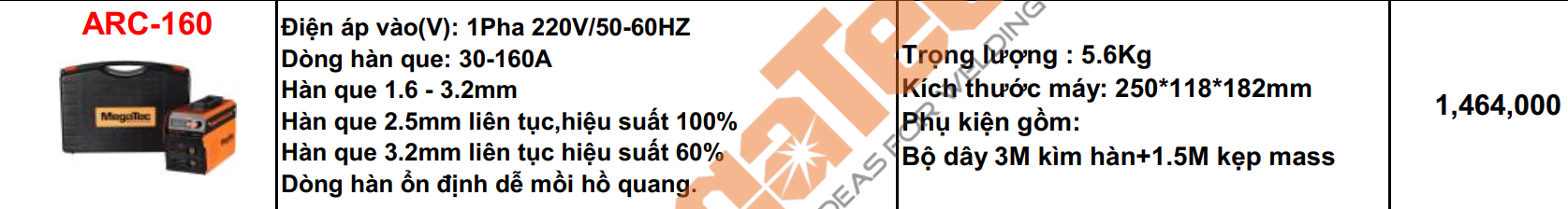 MÁY HÀN QUE INVERTER MEGATEC ARC-160 6.6KVA CÓ VALI 220V/160A MMA IGBT MANG LẠI DÒNG HÀN ỔN ĐỊNH HIỆU SUẤT CAO