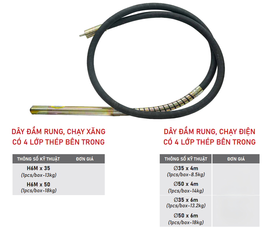 DÂY ĐẦM RUNG PHI 50-4M CHẠY ĐIỆN KAIZEN KZ50-4M CÓ 4 LỚP THÉP BÊN TRONG CÓ LÒ XO CHỐNG GÃY