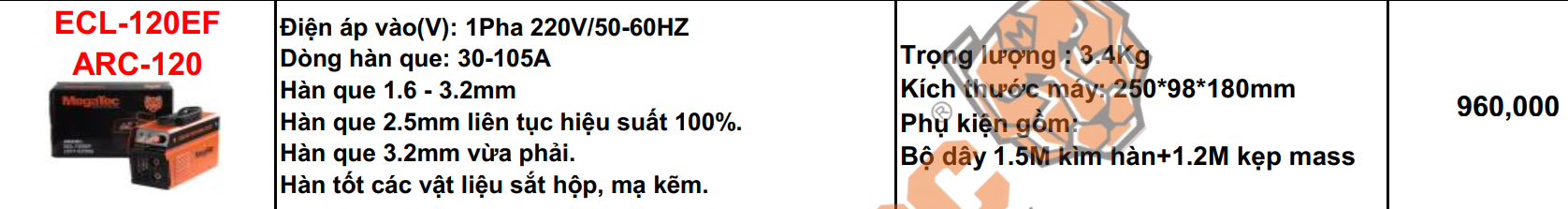 MÁY HÀN ĐIỆN TỬ MEGATEC ECL-120EF INVERTER 7.1KVA 220V/105A MMA