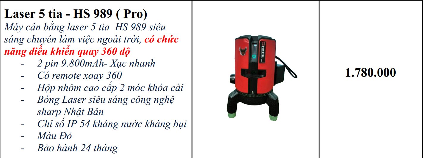 MÁY CÂN BẰNG LASER 5 TIA XANH KẾT NỐI SMARTPHONE HATSU HS-989 PRO CÓ ĐIỀU KHIỂN QUAY 360° KÈM CHÂN
