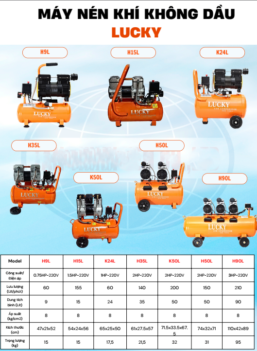 MÁY NÉN KHÍ SẠCH 9L MÁY NÉN KHÍ KHÔNG DẦU LUCKY H9L 3/4HP 9L ISO 9001