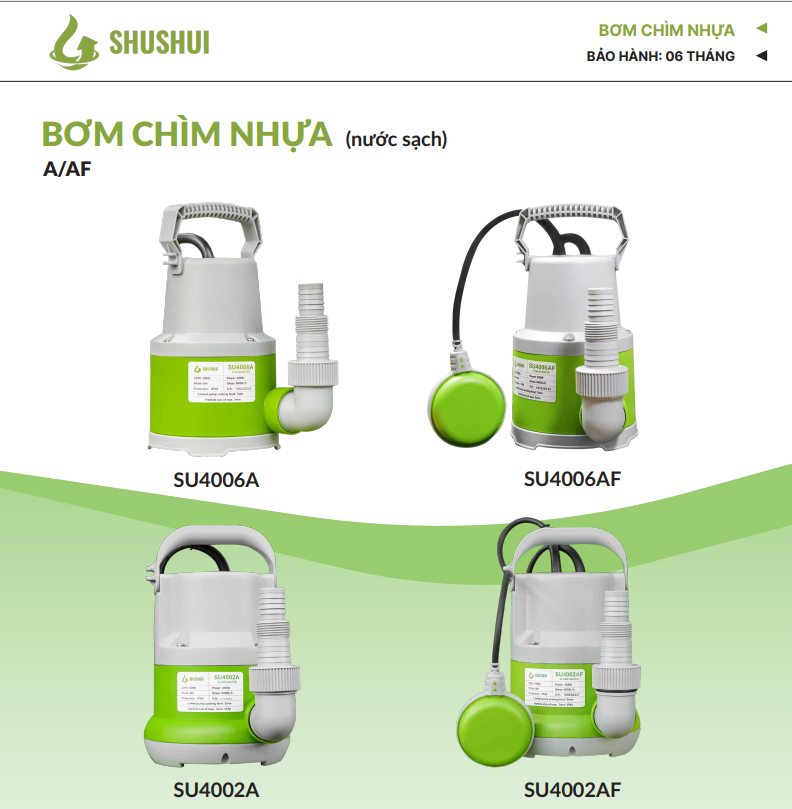 Máy Bơm Chìm Mini Nước Sạch SU4006A 400W Cánh PPO Cốt Inox 420 Có Tay Cầm Nhỏ Gọn