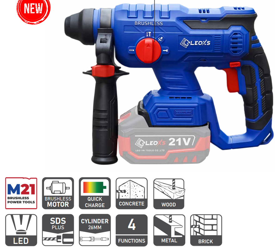 MÁY KHOAN ĐỤC BÊ TÔNG PIN LEOxs LXS-RH0426 CHUYÊN 4 CHỨC NĂNG MOTOR KHÔNG CHỔI THAN