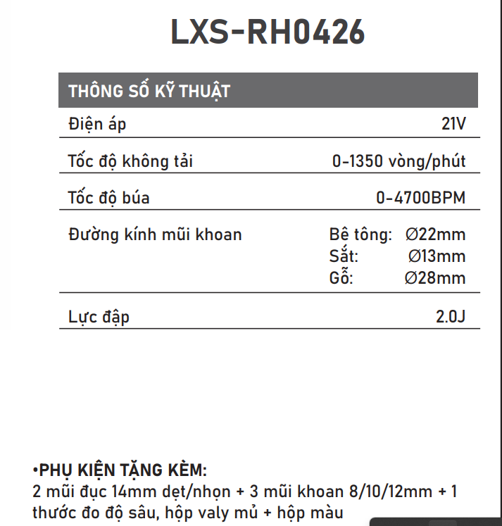 MÁY KHOAN ĐỤC BÊ TÔNG PIN LEOxs LXS-RH0426 CHUYÊN 4 CHỨC NĂNG MOTOR KHÔNG CHỔI THAN