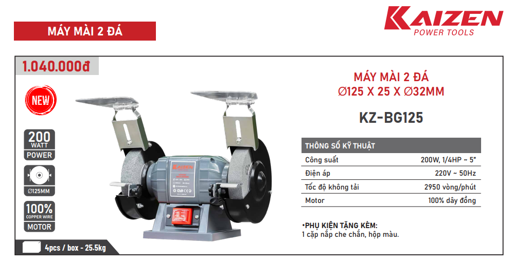 Máy Mài 2 Đá KAIZEN KZ-BG125 125mm 220V – Tốc Độ Chậm Chống Rung, Độ Chính Xác Cao