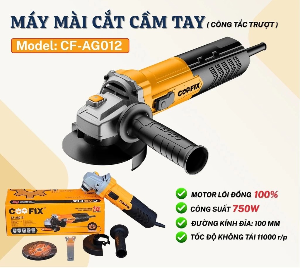 MÁY MÀI GÓC COOFIX CF-AG012 PHI ĐÁ 100MM CÔNG SUẤT 750W CÔNG TẮC TRƯỢT TẶNG KÈM 5 ĐÁ CẮT CHÍNH HÃNG