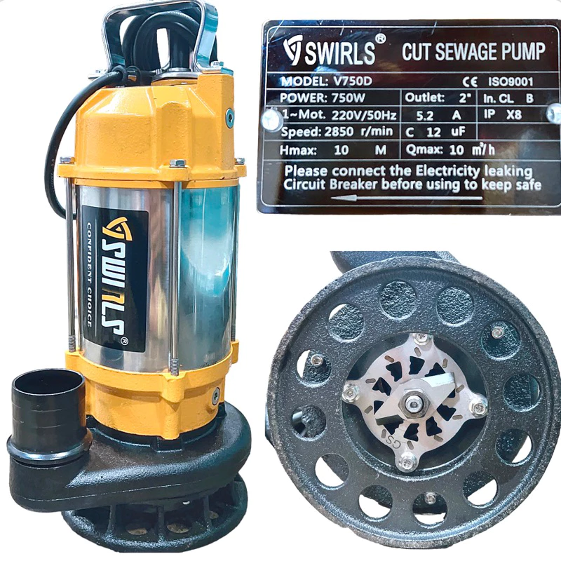 MÁY BƠM CHÌM NƯỚC THẢI CÓ CÁNH CẮT RÁC 750W THÂN INOX 304 SWIRLS V750D