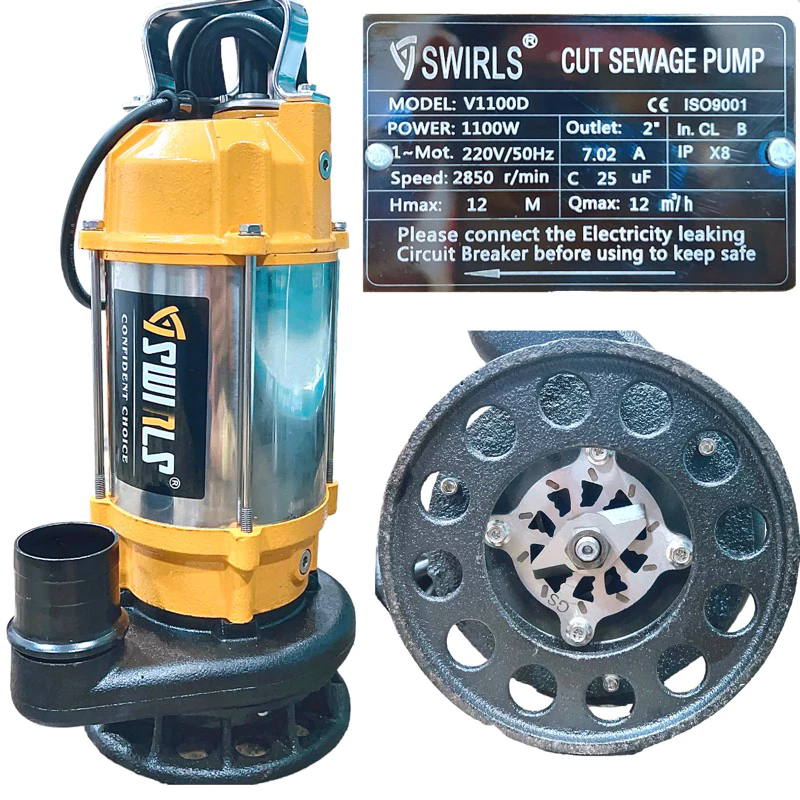 MÁY BƠM CHÌM NƯỚC THẢI CÓ CÁNH CẮT RÁC 1100W THÂN INOX 304 SWIRLS V1100D