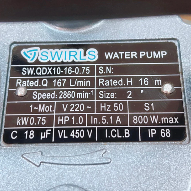 MÁY BƠM CHÌM 750W BƠM THẢ TÕM NƯỚC SẠCH SWIRLS SW.QDX10-16-0.75 ỐNG XẢ 50 LƯU LƯỢNG 167 L/PHÚT MAX 16M BƠM NƯỚC GIẾNG AO HỒ DÂN DỤNG GIA ĐÌNH