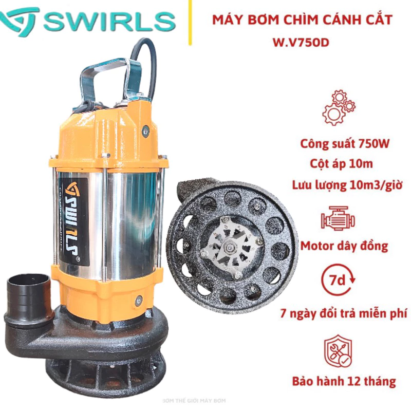 MÁY BƠM CHÌM NƯỚC THẢI CÓ CÁNH CẮT RÁC 750W THÂN INOX 304 SWIRLS V750D