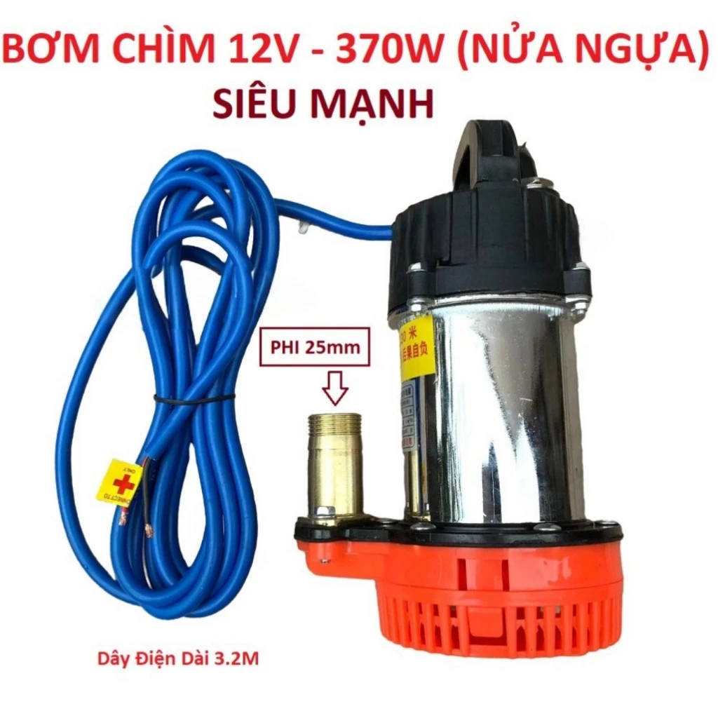 MÁY BƠM CHÌM INOX ẮC QUY LOẠI 370W-12V HÚT XẢ 25/25 LƯU LƯỢNG 6M3/H MAX 18M CÁNH BƠM INOX CỐT HỢP KIM CHẠY ÊM SIÊU KHỎE NHỎ GỌN TIỆN DỤNG