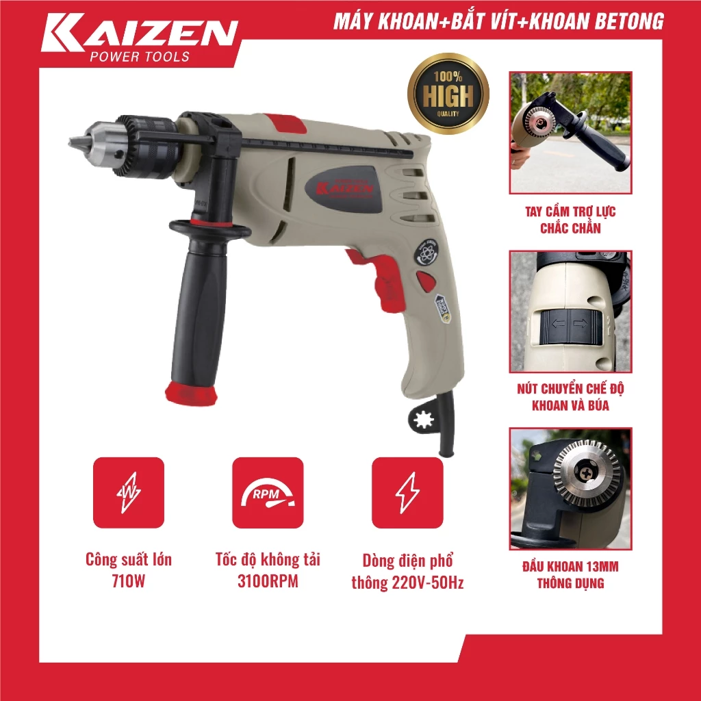 Máy Khoan Bê Tông KAIZEN KZ-606A 710W Đầu 13mm Khoan Bắt Vít Đảo Chiều Điều Tốc 3 Chức Năng