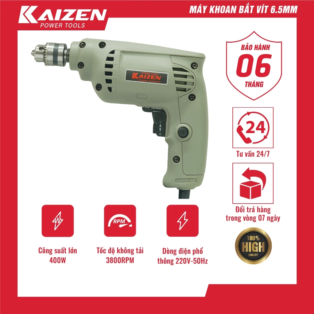 Máy Khoan Cầm Tay KAIZEN KZ-6510 400W Đầu 6.5mm Khoan Sắt Gỗ Bắt Vít