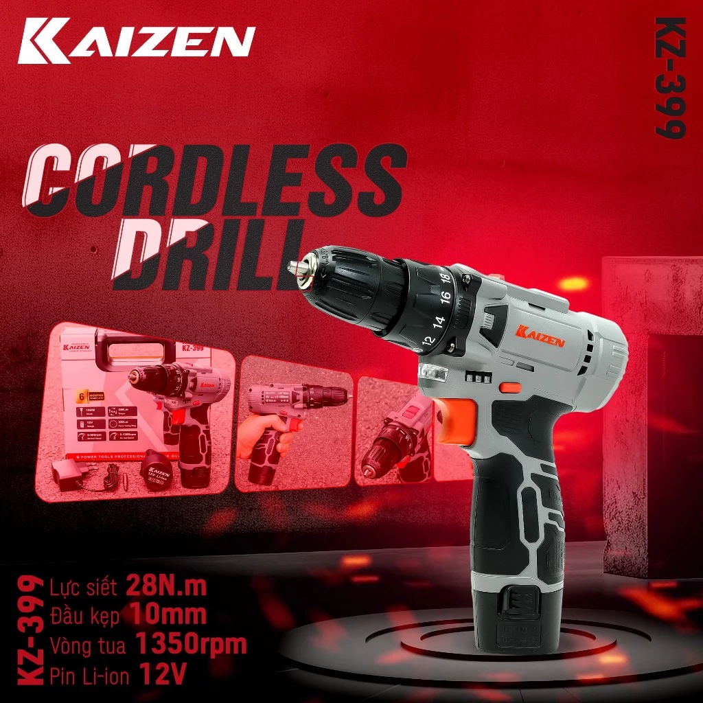 MÁY KHOAN PIN ĐẦU 10MM 28 N.M 2 CHỨC NĂNG 12V KAIZEN KZ-399 1350V/P
