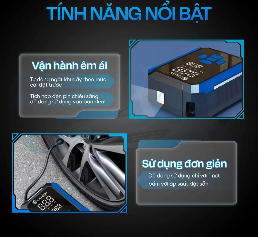 MÁY BƠM LỐP Ô TÔ ĐIỆN TỬ BƠM HƠI MINI TỰ NGẮT CHÍNH HÃNG OMINO