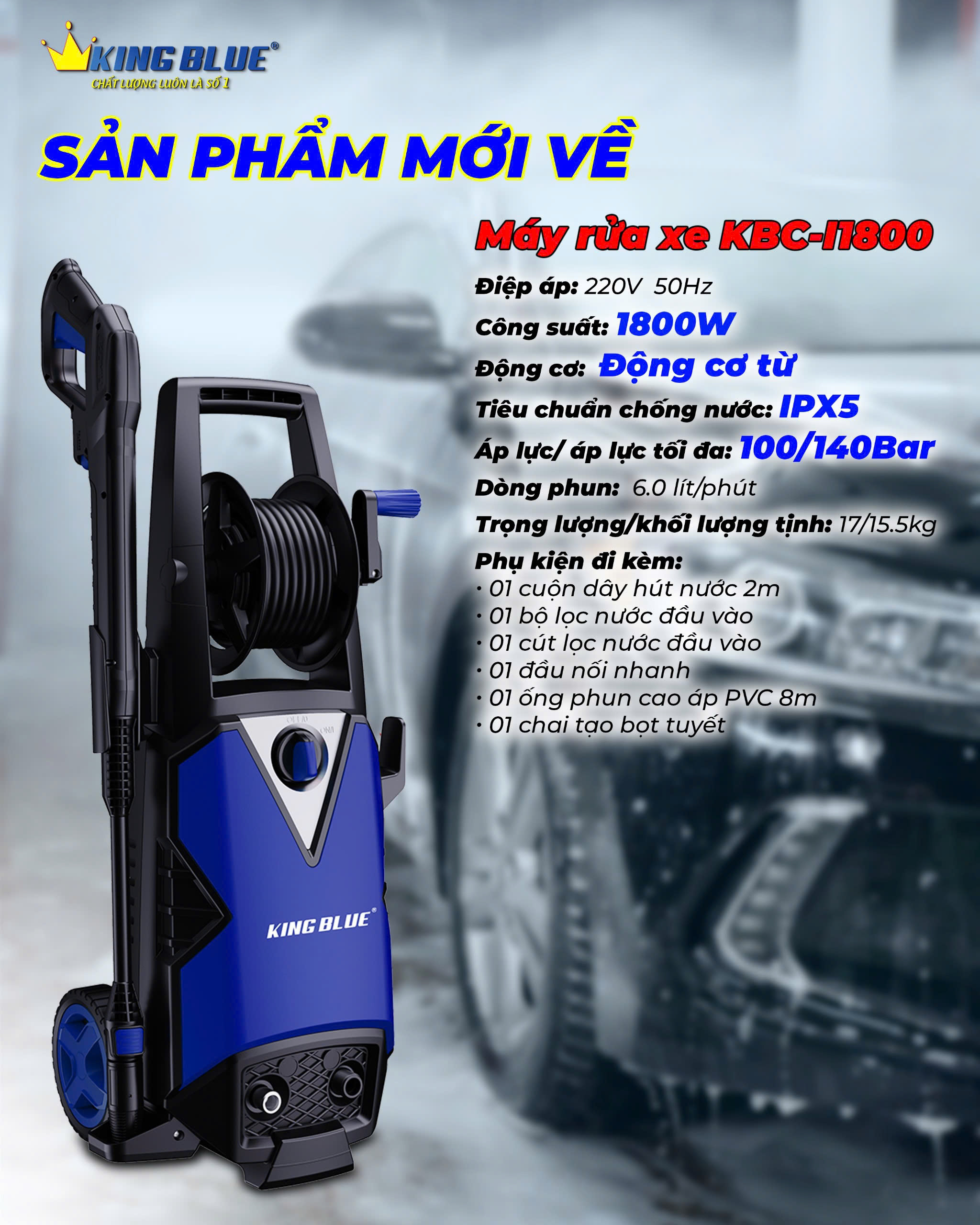 MÁY RỬA XE KING BLUE KBC-I1800 1800W 140BAR 6L