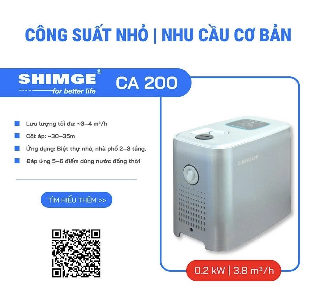 Bơm tăng áp biến tần thông minh Shimge CA200 | 0.2 kW / 220V