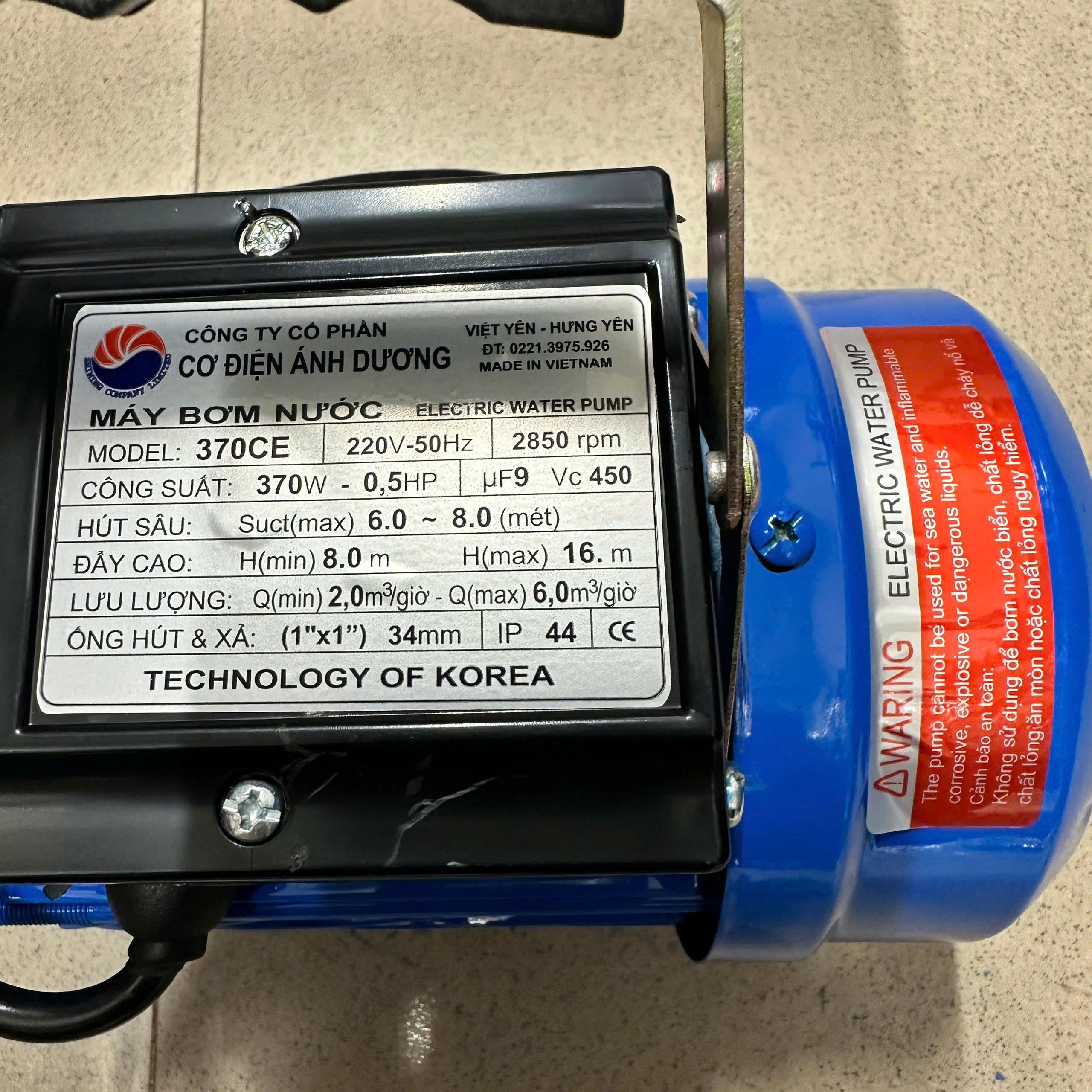 MÁY BƠM NƯỚC LY TÂM SHINING SHP-370CE HÚT XẢ 25/25 LƯU LƯỢNG 100L/MIN CÁNH PPO CỐT HỢP KIM BƠM TƯỚI VƯỜN