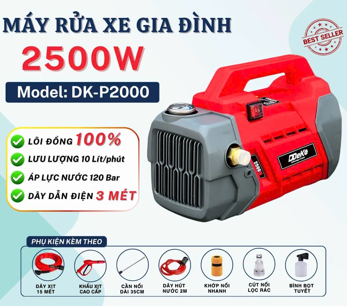 MÁY RỬA XE GIA ĐÌNH CÓ CHỈNH ÁP DDEKO DK-P2000 2500W 120BAR 10L