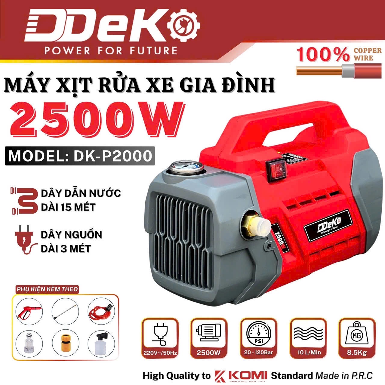 MÁY RỬA XE GIA ĐÌNH CÓ CHỈNH ÁP DDEKO DK-P2000 2500W 120BAR 10L