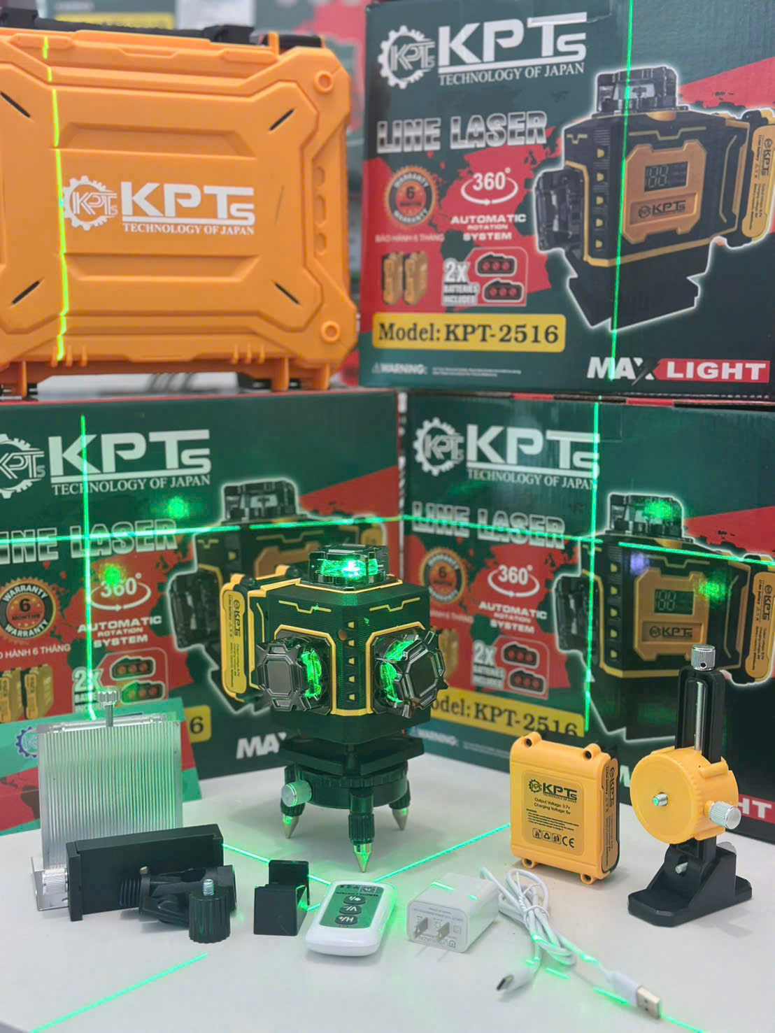 Máy Cân Mực Laser 16 Tia Xanh KPTs KPT-2516 8 Tia Đứng 8 Tia Ngang 2 Pin 3 Cell Đèn Hiển Thị Pin