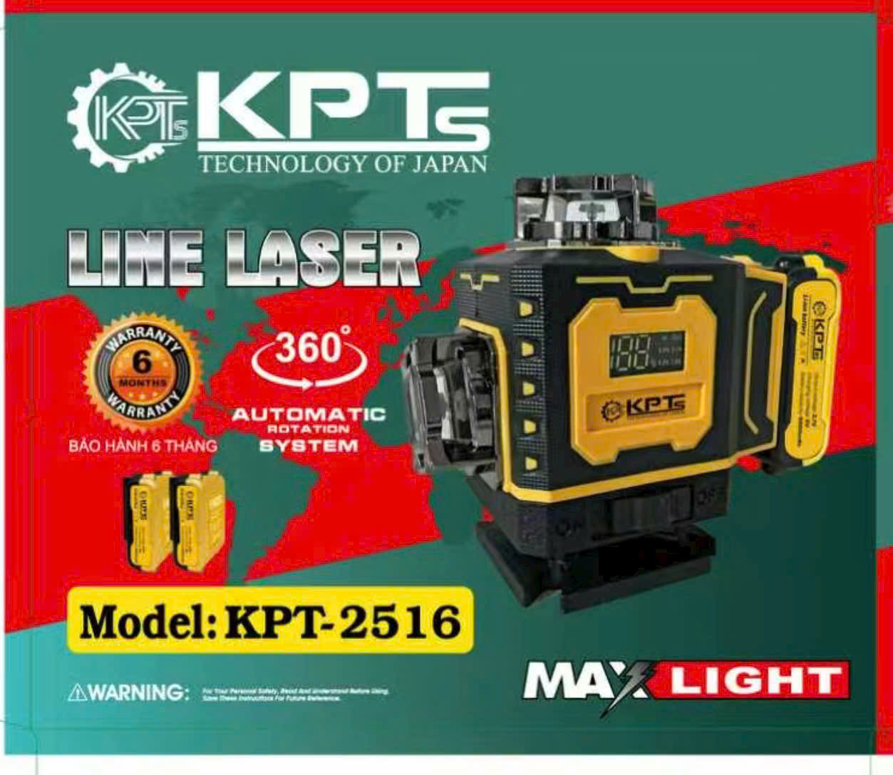 Máy Cân Mực Laser 16 Tia Xanh KPTs KPT-2516 8 Tia Đứng 8 Tia Ngang 2 Pin 3 Cell Đèn Hiển Thị Pin