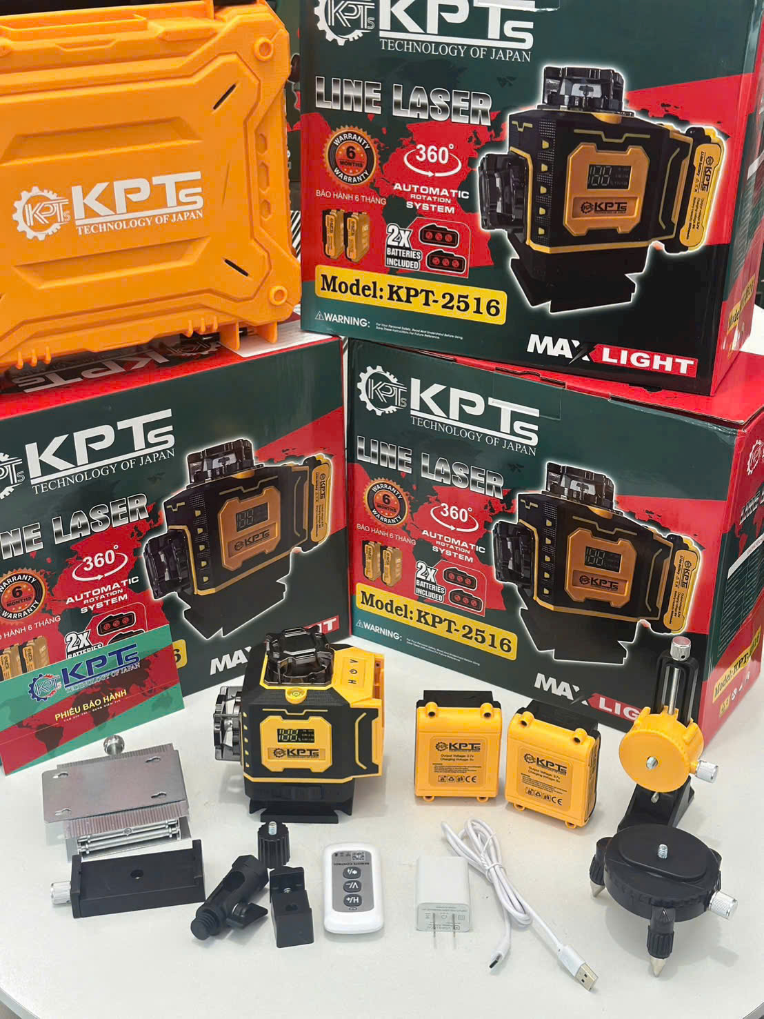 Máy Cân Mực Laser 16 Tia Xanh KPTs KPT-2516 8 Tia Đứng 8 Tia Ngang 2 Pin 3 Cell Đèn Hiển Thị Pin