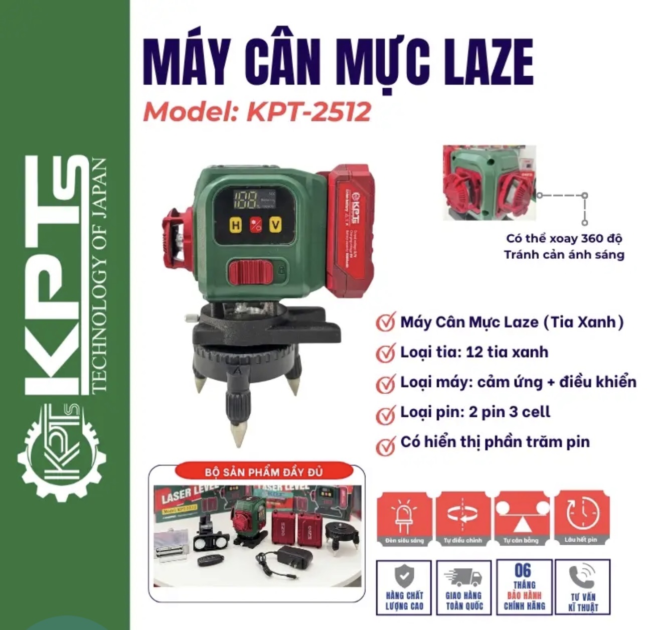 MÁY CÂN MỰC 12 TIA XANH KPTs KPT-2512 8 TIA ĐỨNG 4 TIA NGANG 2 PIN TO 3 CELL CÓ ĐÈN HIỂN THỊ PIN ĐỘ CHÍNH XÁC CAO SAI SỐ THẤP LÀM VIỆC CHUYÊN NGHIỆP THI CÔNG TƯỜNG TRẦN THẠCH CAO