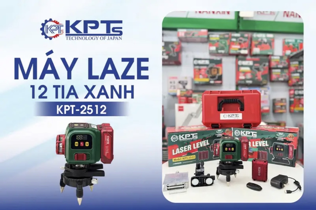 MÁY CÂN MỰC 12 TIA XANH KPTs KPT-2512 8 TIA ĐỨNG 4 TIA NGANG 2 PIN TO 3 CELL CÓ ĐÈN HIỂN THỊ PIN ĐỘ CHÍNH XÁC CAO SAI SỐ THẤP LÀM VIỆC CHUYÊN NGHIỆP THI CÔNG TƯỜNG TRẦN THẠCH CAO