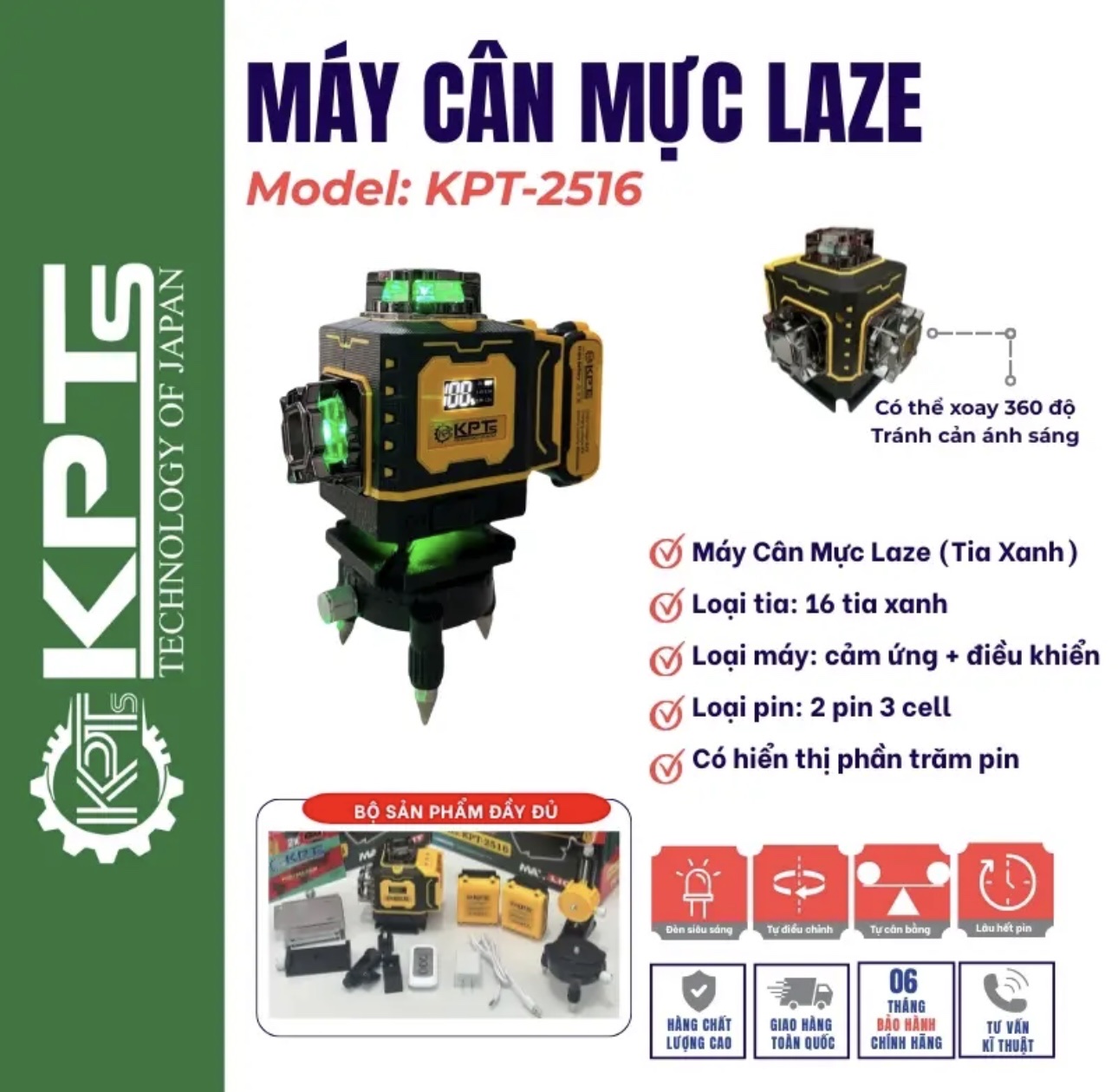 Máy Cân Mực Laser 16 Tia Xanh KPTs KPT-2516 8 Tia Đứng 8 Tia Ngang 2 Pin 3 Cell Đèn Hiển Thị Pin